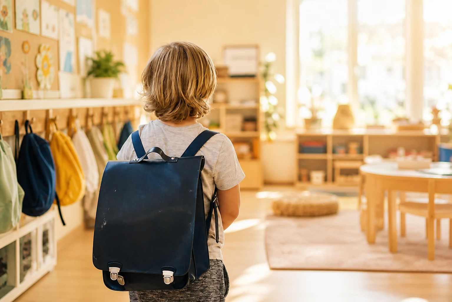 Young child arriving at a bright kindergarten classroom