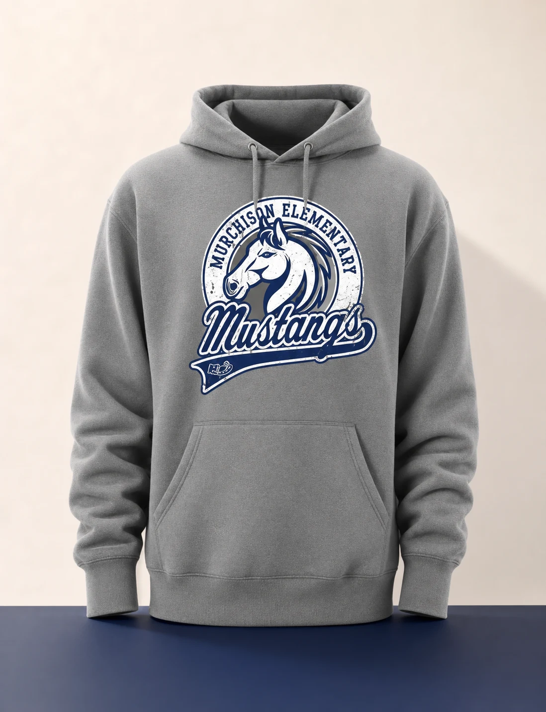 Gray Murchison Mustang spirit-wear hoodie on a studio surface